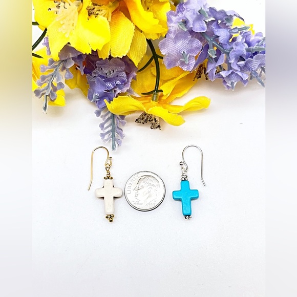 Small Turquoise or Soft White Cross Dangle Earrings, 1 3/8” Long, NWT, Gift Box - Picture 5 of 6